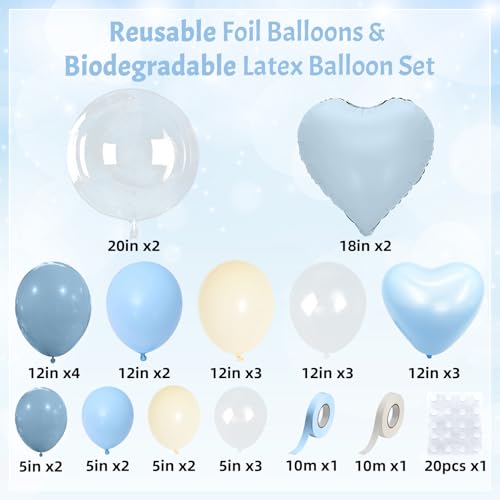 Image of Baby Light Blue Cream Balloons Party Decorations, 20 Inch Bobo Pale Pastel Blue and White Sand Balloons Heart Mylar Shape Balloon, OH Baby Shower Foil Balloon as Boys Girls Birthday Decor