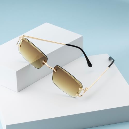 Image of Retro Rimless Rectangle Sunglasses for Men Women Luxury Frameless Square Trendy Shade Diamond Cutting Eyewear
