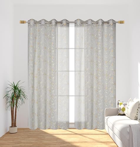 Image of Fabrilia Floral Pattern Embroidery Tissue Net Sheer Transparent Curtains for Door 7 feet Long Set of 2, Grey