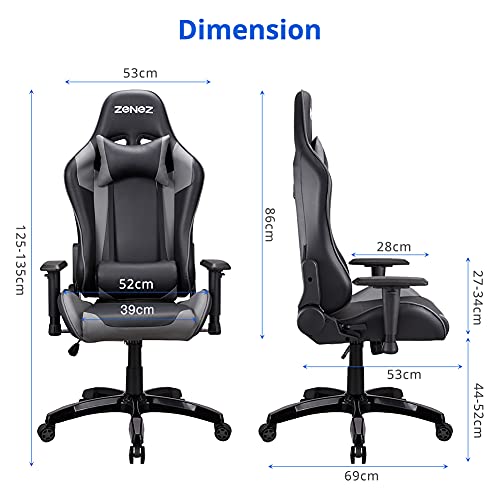 ZENEZ-Silla-Gaming-Silla-Gamer-Ergonomica-con-Soporte-de-Masaje-Lumbar-y-Cojin-para-el-Cuello-Silla-Escritorio-de-Cuero-PU-Ajustable-a-180para-Videojuegos-Gris