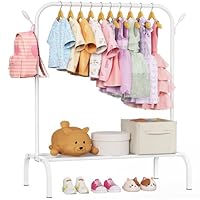 Upgraded Kids Clothing Rack - Dress Up Clothes Rack Baby Toddler Montessori Wardrobe- Small Portable Garment Racks with Storage Shelf and Hooks - for Costumes, Princess Dresses & Shoes, White