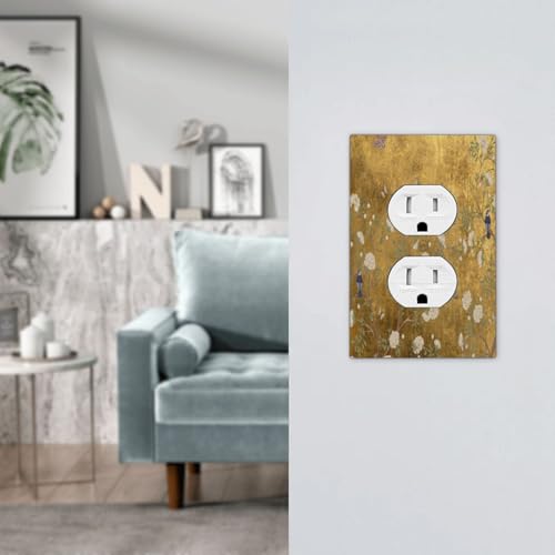Decorative Outlet Covers Vintage White Flowers Birds on Golden Background 1 Gang Duplex Light Switch Cover Plate Unique Wall Plate Electrical Switch Plate Covers for Bedroom Decor