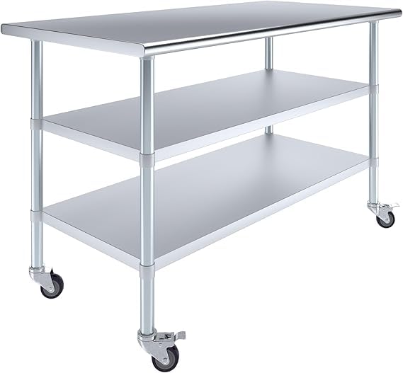 Express KitchQuip Stainless Steel Work Table with 2 Shelves and Casters | Metal Utility Table On Wheels (60