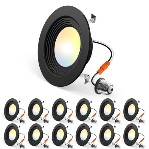 Amico 4 Inch 5CCT LED Recessed Lighting 12 Pack Dimmable Damp Rated 8.5W=60W Can Lights with Baffle Trim Retrofit Installation ETL&FCC Black