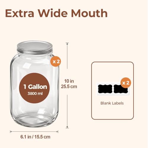 Image of ComSaf 1 Gallon Wide Mouth Mason Jars 2 Pcs, 128 oz Glass Jars with Lids, Flour Sugar Storage Containers, Large Glass Containers for Pickles, Fermented Food, Sourdough Starter, Food Storage