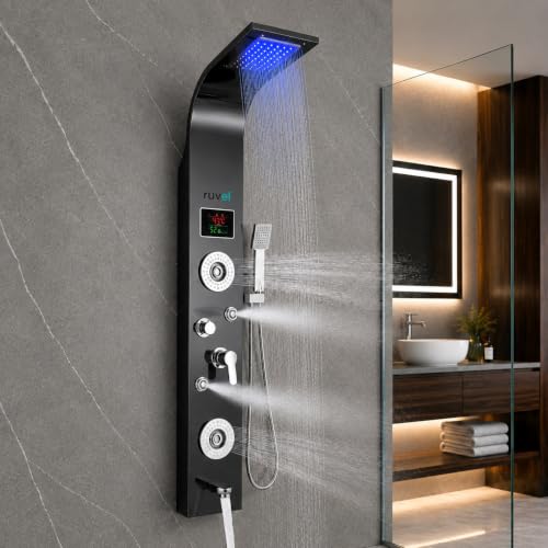 Image of RUVEL Shower Panel - Sayflow with 7-in-1 Hydro Powered LED Display, Rainfall Shower Head, Waterfall Shower, Dual Body Massage Jets, 360 Adjustable Mist Spray, Handheld Shower, Tub Spout