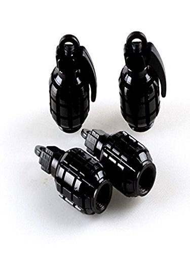 RCGrafix Novelty Grenade Metal Tire Valve Stem Cap - Brass Threads for Car, Bicycle, Motorcycle - 4 Pack (Black)