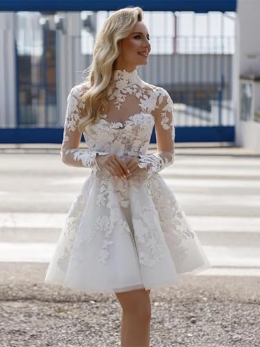 Lace Short Wedding Dresses for Bride Tulle Long Sleeve Wedding Dress for Women Elegant A Line Bridal Shower Dress3