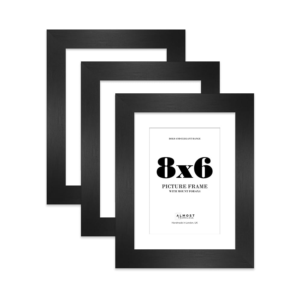 8x6 Black Frame With Mount for 6x4 Pictures 28mm Edge Portrait and Landscape Display with Wall Hooks and Kickstand, 3 Pack