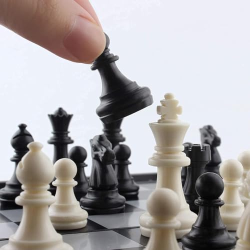 Image of Magnetic Folding Chess Set for Kids & Adults - Portable Travel Chess Board Game with Strong Magnetic Pieces, Educational Strategy Game with Storage - ABS Plastic, Black & White Design