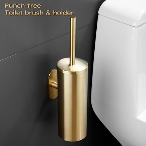 Image of AIREMOEN 1PCS Brushed Gold Stud Free Toilet Brush and Holder Set, 304 Stainless Steel Handle Toilet Brush Holder, Toilet Brush and Plunger Set, Bathroom Wall-Mounted Compact Toilet Brush Holder