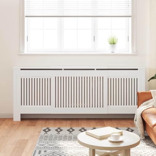 Image of White Radiator Cover 2 pcs Engineered Wood Water Resistant Modern Design with Storage Shelf for Efficient Heat Flow and Easy Maintenance 80.71 x 8.07 x 32.09 in