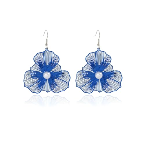 Boucles d'oreilles fleur creuse perles simulées élégantes pendentif crochets acier inoxydable bijoux cadeaux breloques remarquables femmes mère amies (Bleu...