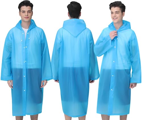 Image of Rain Ponchos, 2 Packs Reusable Ponchos for Adults with Drawstring Hood and Sleeves, Emergency Rain Coat for Theme Park, Hiking, Camping or Traveling