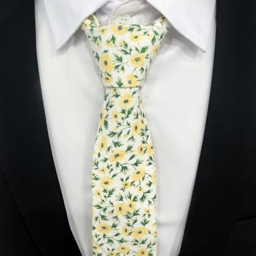 Image of Cotton Floral Ties for Men 2.76 inch Men's Skinny Tie Linen Flower Printed Neck Tie for Wedding Dating Party