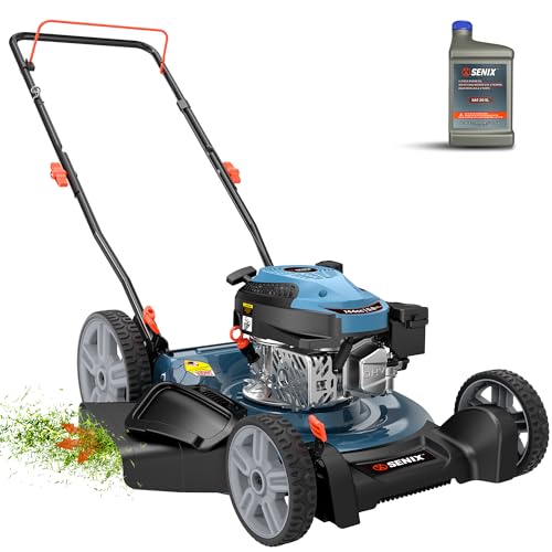 SENIX-Amazon SENIX 21-Inch Gas Lawn Mower, 144CC 4-Cycle Engine Push Mower with Mulching & Side Discharge, 6-Position Cutting Height Adjustment, Residential Walk-Behind Mower for Yard & Garden