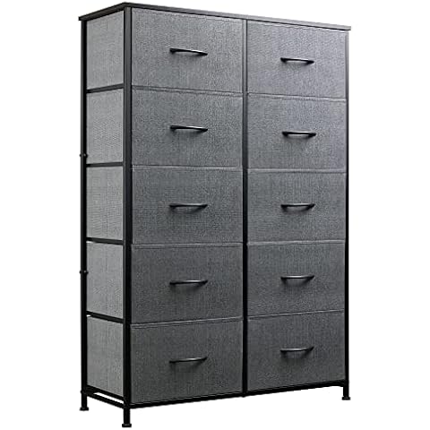 WLIVE Tall Dresser for Bedroom with 10 Fabric Drawers, Organizer Units for Living Room, Clothing, Closet, Storage Tower with Cabinet, Metal Frame, Wooden Top, Furniture, Dark Grey Cover