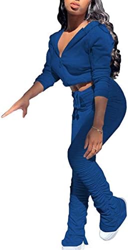 PINSV Women's 2 Piece Outfits Long Sleeve Workout Sets Zip Up Hoodie Pleated Flare Pants Tracksuit Sweatsuit Blue M
