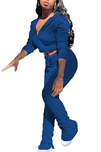Pinsv Women's 2 Piece Outfits Long Sleeve Workout Sets Zip Up Hoodie Pleated Flare Pants Tracksuit Sweatsuit Blue M #TOP26