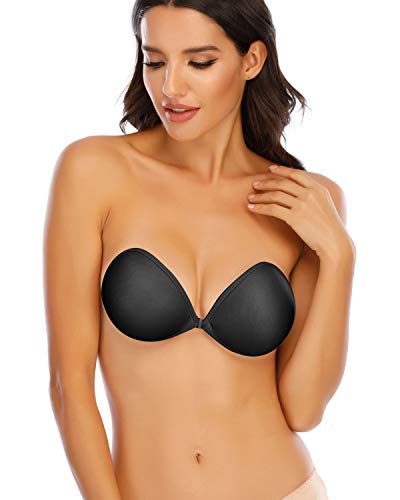 FOCUSSEXY Self Adhesive Silicone Bra Reusable Washable Invisible Bra Strapless Backless Sexy Push up Bra Black