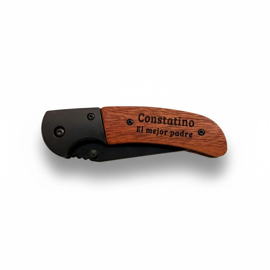 regalo grabado Navaja Personalizada de Acero Negro y Madera con Funda 11 cm | Navaja de bolsillo 11 cm, Grabado láser de texto personalizado, Acero inoxidable negro y cacha de madera, Funda incluida