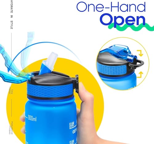 Image of TEKCOOL Motivational 1L Capacity Blue Plastic Bottle with Straw | Leakproof, Durable, BPA-Free | Ideal for School /College /Office /Travel, Sports /Outdoor Activities /