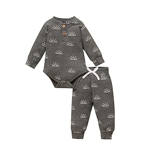 Image of Newborn Baby Girl Boy Fall Clothes 3 6 12 18 24 Months Outfits Long Sleeve Knitted Cotton Romper & Pants Infant Winter Sets