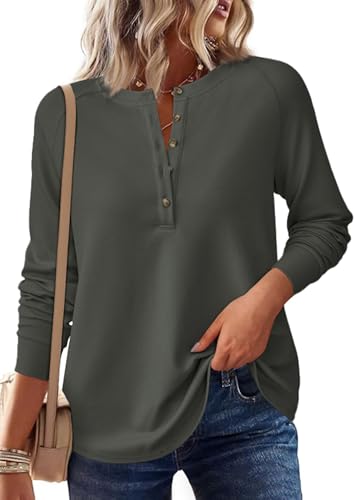 Image of PRETTYGARDEN Women's Long Sleeve Waffle Knit Henley Shirts