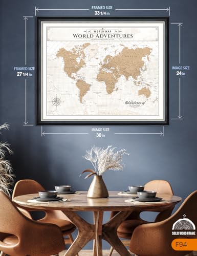 Image of IPIC - Custom Vintage World Map Canvas Wall Art, Personalized Artwork with Names and Message on, Framed Large Travel Map for Home, Office, or Study, Push Pin Wall Decor for Travel Lovers