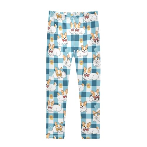 Wusikd Cute Dogs Crowns Girls' Leggings Toddler Doodles Blue Check Kids Yoga Pants Dance Active Tights 4T