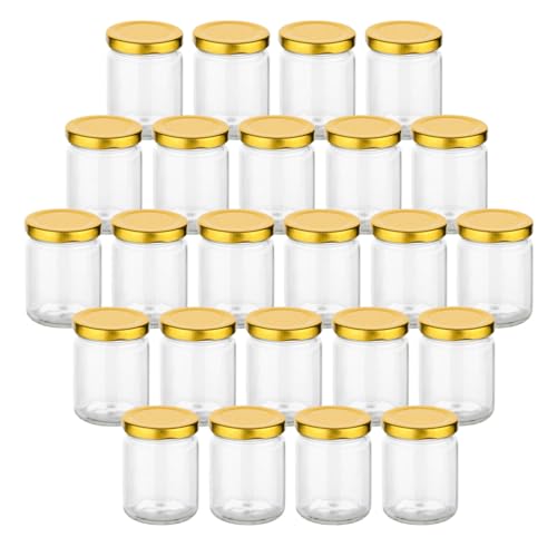 gouveo 24er Set Einmachgläser 100 ml rund mit Schraubdeckel goldfarben - Kleine Vorratsgläser mit Schraubverschluß - Schraubgläser zum Einkochen und Aufbewahren (EGR100G)