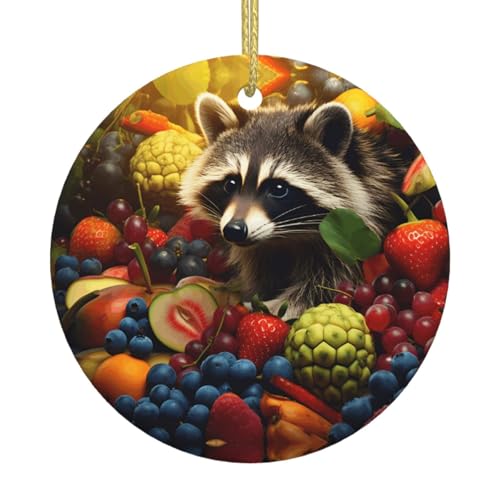 Décorations de Noël rondes en céramique avec motif raton laveur parmi les fruits - Convient pour les arbres de Noël, les fêtes de fin d'année, la...