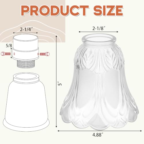 Image of 6 Pcs Frosted Flower Glass Ceiling Fan Globe Replacement for Light Cover | 2-1 /8 inch Fitter, 4-7 /8 inch W x 5 inch H, Standard E26 E27 Base Light Covers for Chandelier Table Lamp Wall Sconce Fixtures