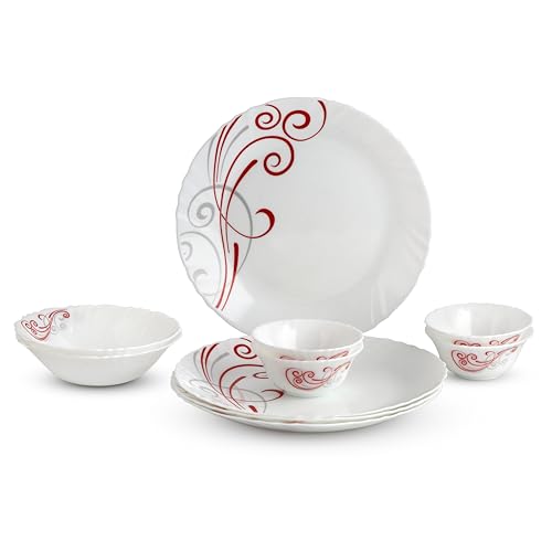 Image of Cello Opalware Imperial Series Red Swirl 10 Pieces Dinner Set | Opal Glass Crockery for 2 | Bone Ash-Free, Lightweight, Elegant White Plate & Bowl Set |Opalglass Dinner Set for Daily Use & Gifting