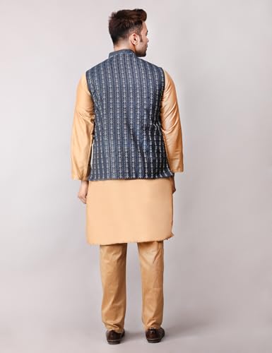 Image of Men's Cotton Silk Blend Regular Kurta Pyjama, Embroidered Nehru Jacket /Waistcoat Set