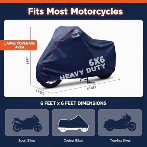 Image of 6X6 Heavy Duty Bike Cover for HF Deluxe, Dual Tone Blue & Red Piping, All-Weather Protection, Waterproof, UV Resistant, Dustproof, Durable Outdoor Motorcycle Body Covers for Daily Use