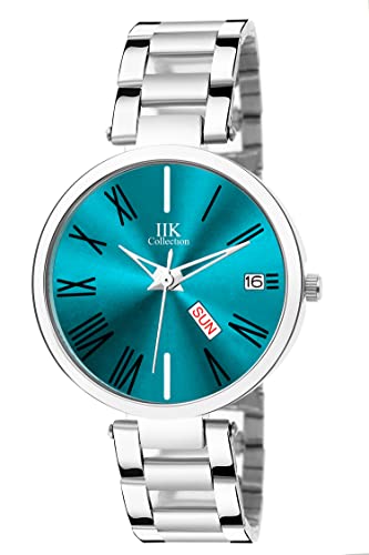 Image of IIK COLLECTION Watch for Women Round Studded Dial |Day and Date Quartz Movemnet |Long Battery Life|Stainless Steel Bracelet Chain Strap|Double Lock Clasp Safety Watches for Girls
