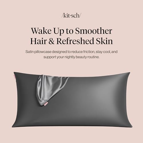 Image of Kitsch Satin Pillowcase with Zipper - King Size, Charcoal | Softer Than Silk Pillow Cases, Smooth Cooling Satin Pillow Case for Hair and Skin, Wrinkle-Free, Machine Washable