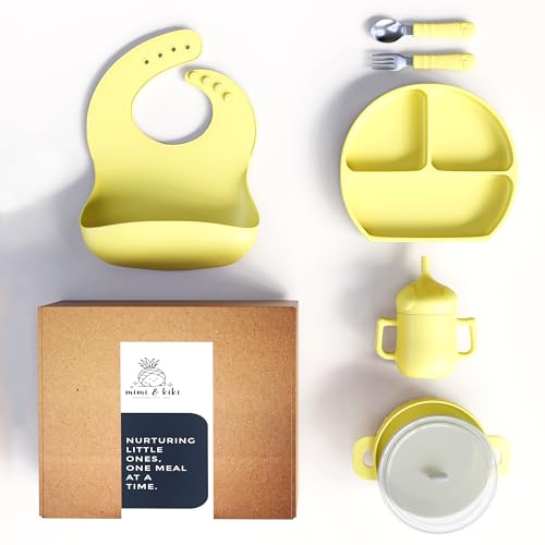 Image of mimi & kiki BPA-Free Silicone Baby Feeding Set, Baby Plates and Bowls Set, Baby Led Weaning Supplies, Silicone Suction Plate, Baby Utensils, Bib and Cup, Self Feeding, Dishwasher Safe (Yellow)