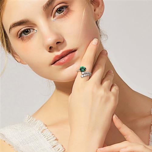 Vintage 925 Sterling Silver Simulated Emerald & Cubic Zirconia Adjustable Ring for Women, Engagement Promise Green Droplet Motif Ring for Her3