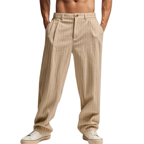 Casual Dressy Pants for Men Linen Striped Straight Leg Suit Trousers Waist Button Baggy Breathable Pants with Pockets4