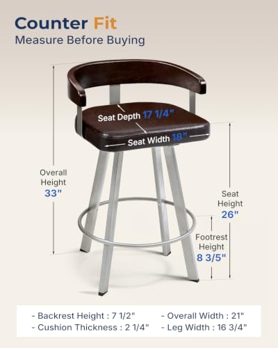 Image of FORSPARK 26 inch Swivel Counter Height Barstool, 350 lbs Capacity Bar Stools | 360 Rotation, Easy to Assemble, Wide Foam Seat, Solid Wood Backrest, Heavy Weight for Kitchen Dining Cafe, Coffee & Sliver