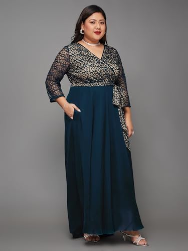Image of Miss Chase A+ Women's Floral Printed Relaxed Fit V -Neck 3 /4Th Sleeve Georgette Maxi Dress