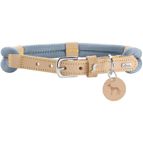 Hunter Hundehalsband Malia, Farbe: taubenblau/Natur, aus geschmeidigem Tau & robustem Leder, leicht, strapazierfähig, moderner & eleganter Look, frische Farben, Made in Germany, Größe: 60