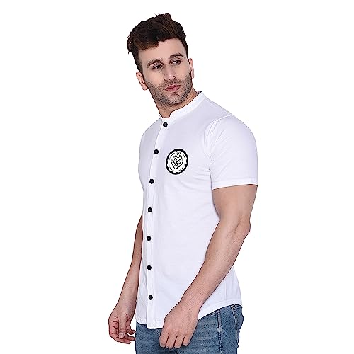 Image of Geum Men's Mandarin Collar Shirt with Graphic Print| Short Sleeve Cotton Blend Slim Fit Casual Shirt for Men