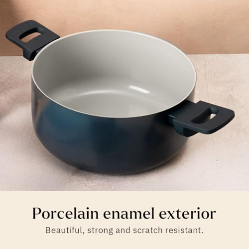 Image of Ember Cookware Arcilla Ceramic Dutch Oven 24 cm, 5L with Metallic Lid | 75% Less Oil Usage | Non Stick Non Toxic Pot | 5-Year Warranty | Ceramic Cookware | Biryani Pot | PFAS & PTFE Free | Blue