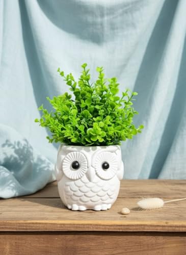 Image of Modern Owl Ceramic Flower Pot with Artificial Greenery | Tabletop Decorative Planter for Home Decor, Office Desk, Bookshelf & Coffee Table