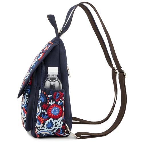 Image of SILKAREA Vintage Embroidered Floral Ethnic Backpack for Women Handbag Shoulder Bag Mini Travel Purse (Embroidered Blue)