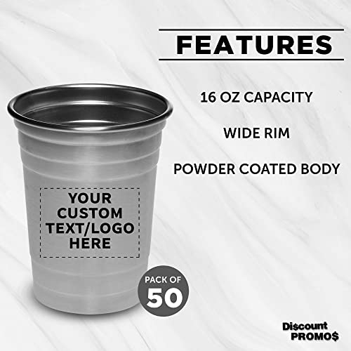 Custom Stainless Steel Beer Cups 16 oz. Set of 50, Personalized Bulk Pack - Perfect for Corporate Parties, Indoor & Outdoor Events - Silver