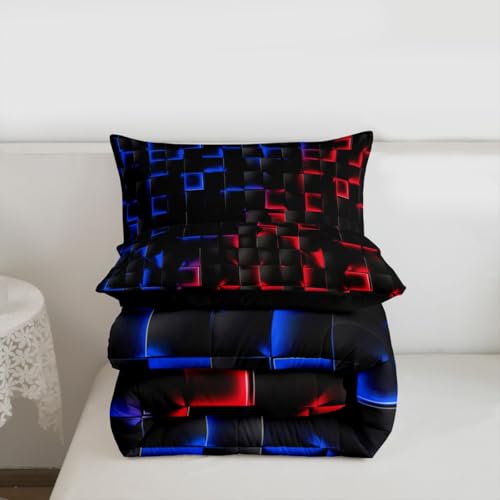 Image of Erosebridal Geometric Checkered Boys Bedding Set Full Size Neon Red Blue Comforter Set for Kids Teen Men Gamer Room Decor,Abstract Ombre Plaid Comforter Grids Quilt Duvet Black